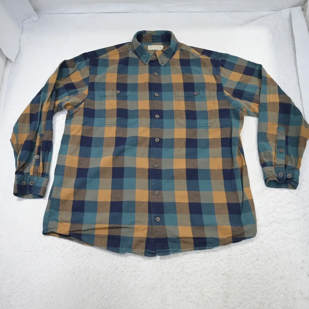 Duluth Trading Co Flannel Button Up Mens XL Tall Relaxed Fit Blue Gold Plaid